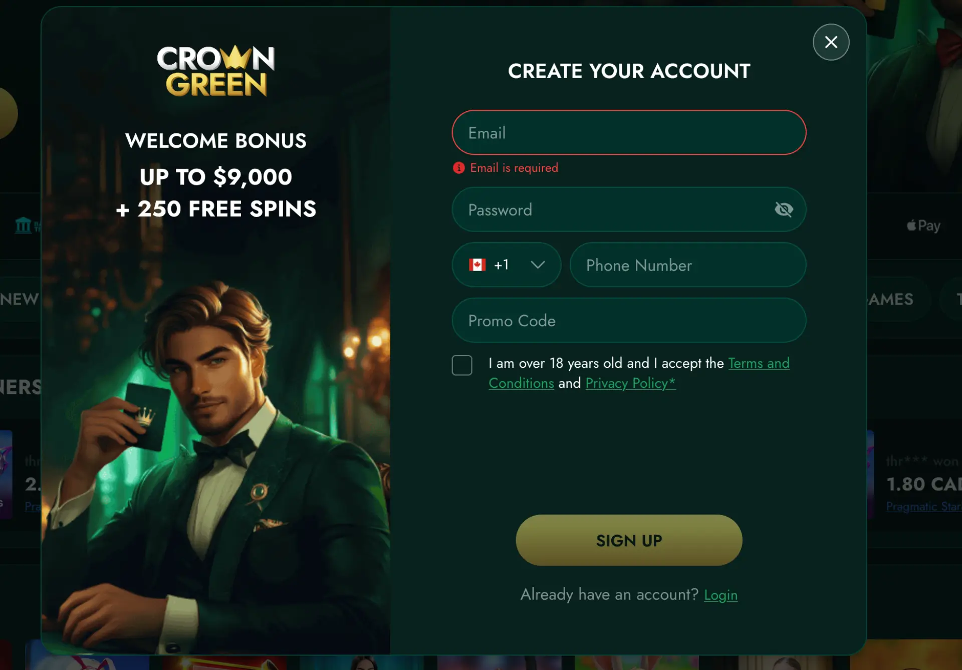 CrownGreen Casino screenshot - registration CrownGreen Casino screenshot - registration